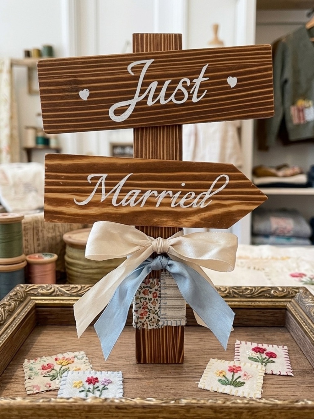 Wooden Just Married Wedding Cake Topper Rustic Directional Sign Decor - Picture 4 of 6